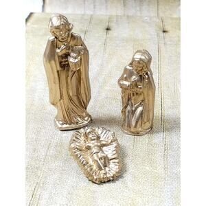 Vtg Mini 3 Piece Christmas Nativity Set Plastic Gold Miniature